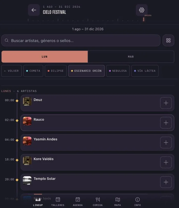 Screenshot of the Noxta lineup screen, with day and stage filters.