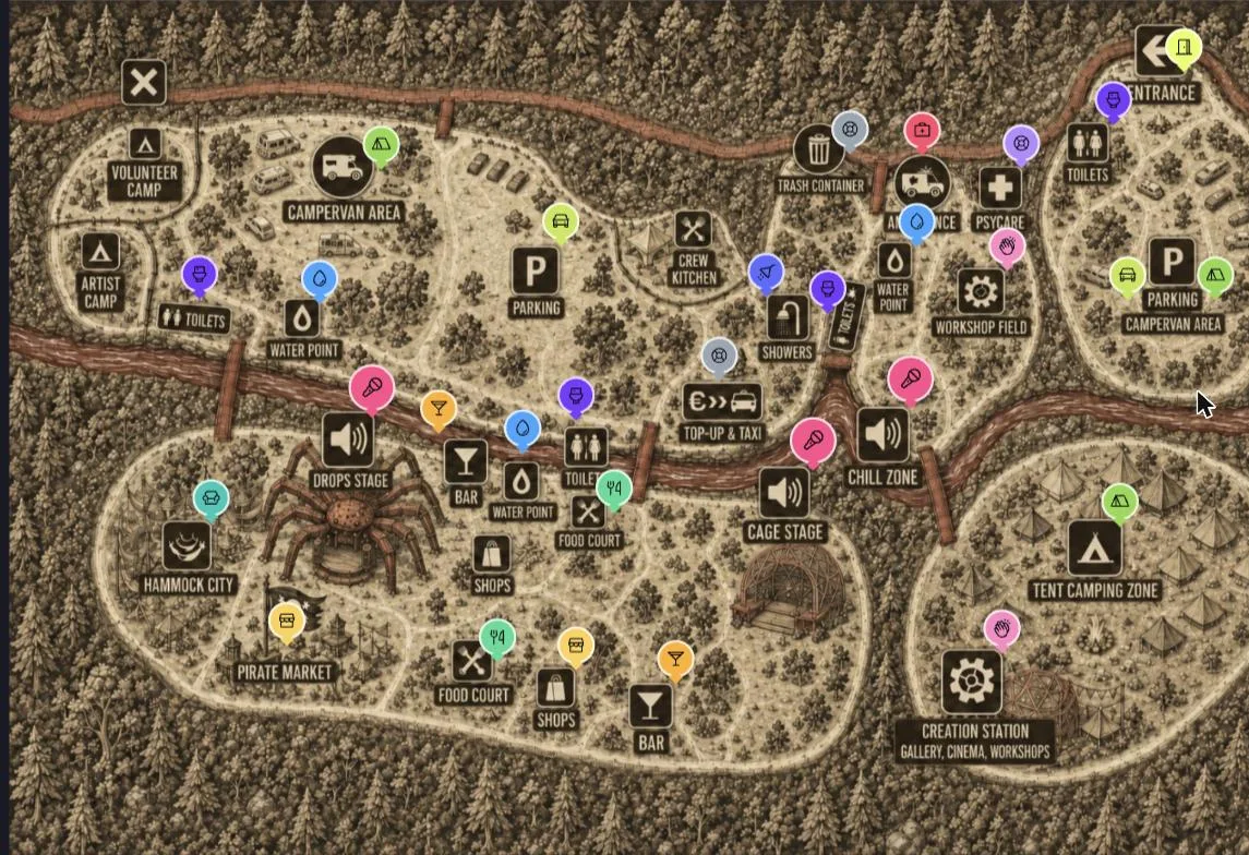 An illustrated map of a festival in a forest, with pins by type: stages, food, bars, toilets, water, camping and first aid.