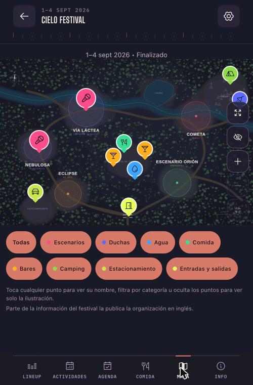 Illustrated map of Cielo with stages, water, food, bars and camping